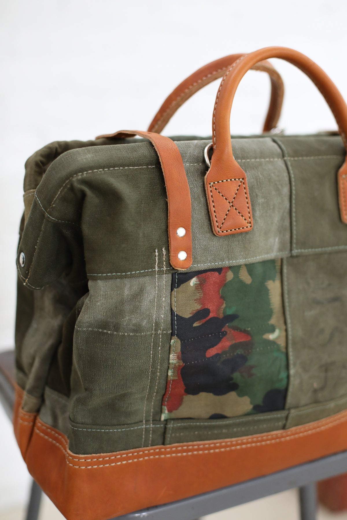 WWII era Salvaged Canvas Patchwork Carryall